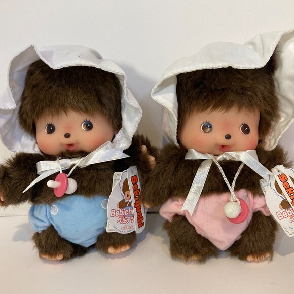 Monchhichi Bebichhichi 25cm Pair Doll Plush Toy Boy Girl Sekiguchi Japan Tag - Picture 11 of 15